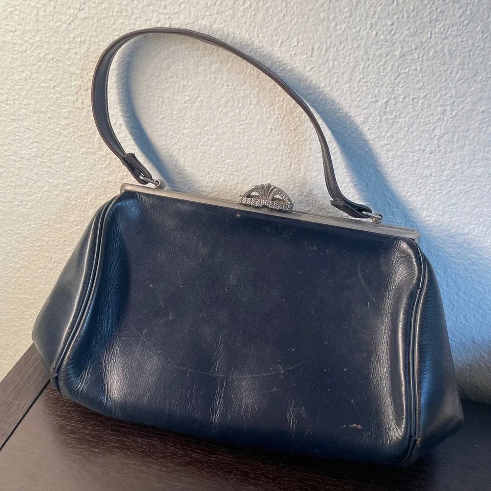 Vintage Granny Frame Handbag Purse Blue Leather Silver tone Ornate Clasp Bag